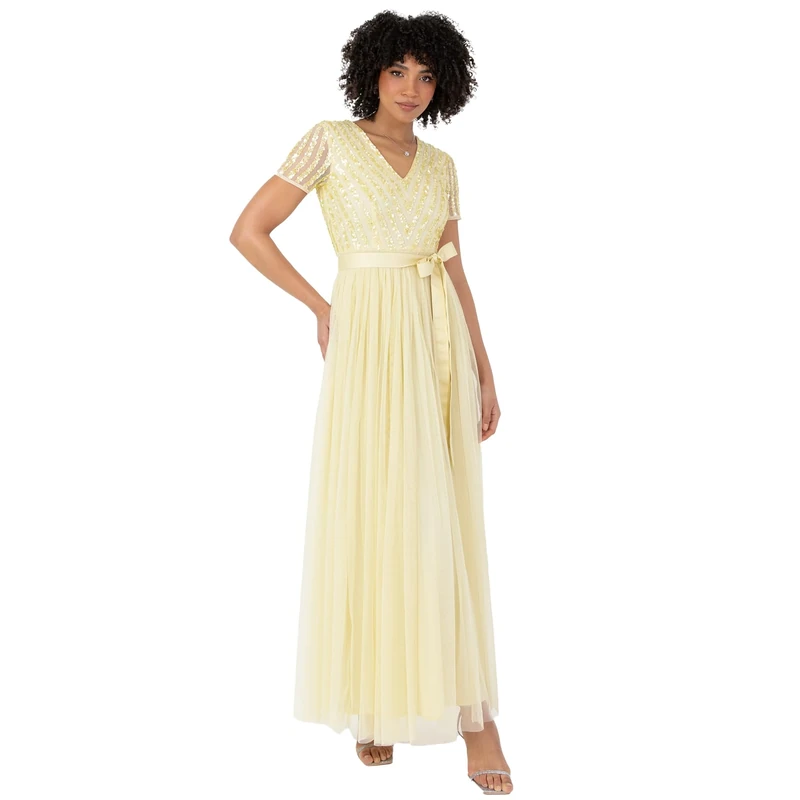 Maya Deluxe Maxi Dress for Women Ladies Braidesmaid V-Neck Ball Gown Short Sleeves Long Elegant Empire Waist with Belt Lemon Size 20