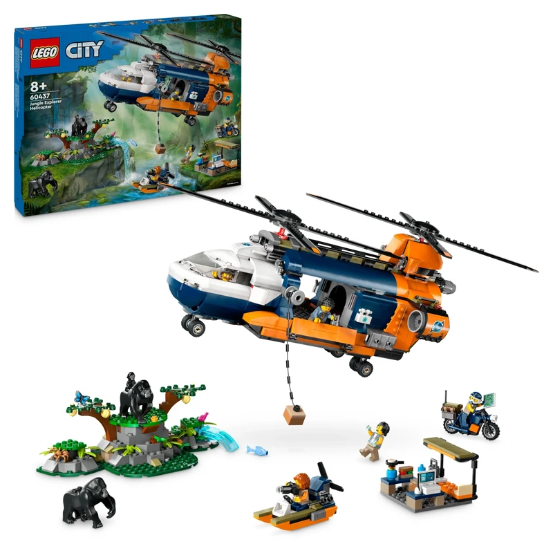 LEGO City Jungle Explorer Helicopter at Base Camp, Vehicle Building Toy Adventure Set for 8 Plus Year Old Kids, Boys & Girls, with 5 Minifigures and 3 Gorilla Animal Figures, Creative Gift Idea 60437
