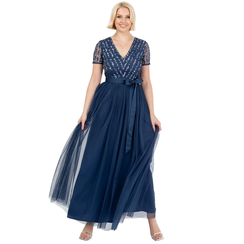 Maya Deluxe Women's Maxi Dress Ladies Bridesmaid V-Neck Ball Gown Short Sleeves Long Elegant Empire Waist Wedding, French Navy, 6