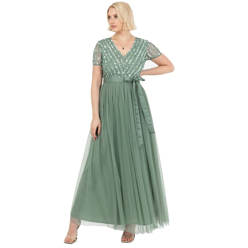 Maya Deluxe Maxi Dress for Women Ladies Braidesmaid V-Neck Ball Gown Short Sleeves Long Elegant Empire Waist with Belt Deep Mint Size 10