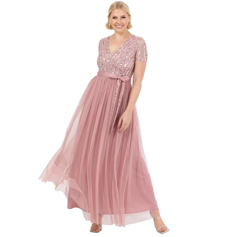 Maya Deluxe Women's Long Dress V-Neck Short Sleeve Elegant Empire Waist Wedding Bridesmaid Vintage Pink 54, Vinatge Rose, 26