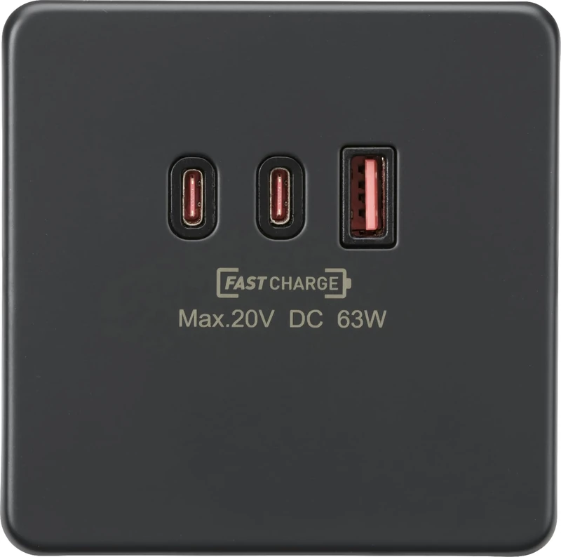 Knightsbridge 230V Triple USB Charger Plate 2xUSB-C 1xUSB-A [20V DC Max. 63W] - Anthracite