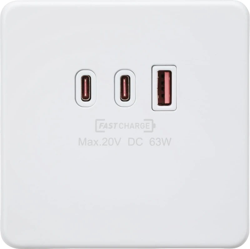 Knightsbridge 230V Triple USB Charger Plate 2xUSB-C 1xUSB-A [20V DC Max. 63W] - Matt White