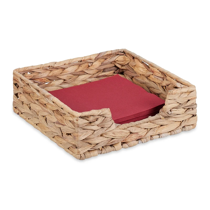 Relaxdays Holder, for 33x33 Napkins, Braided Design, Square Basket, Storage Tray, Water Hyacinth, Natural, Plant fibre, 7.5 x 23 x 23 cm