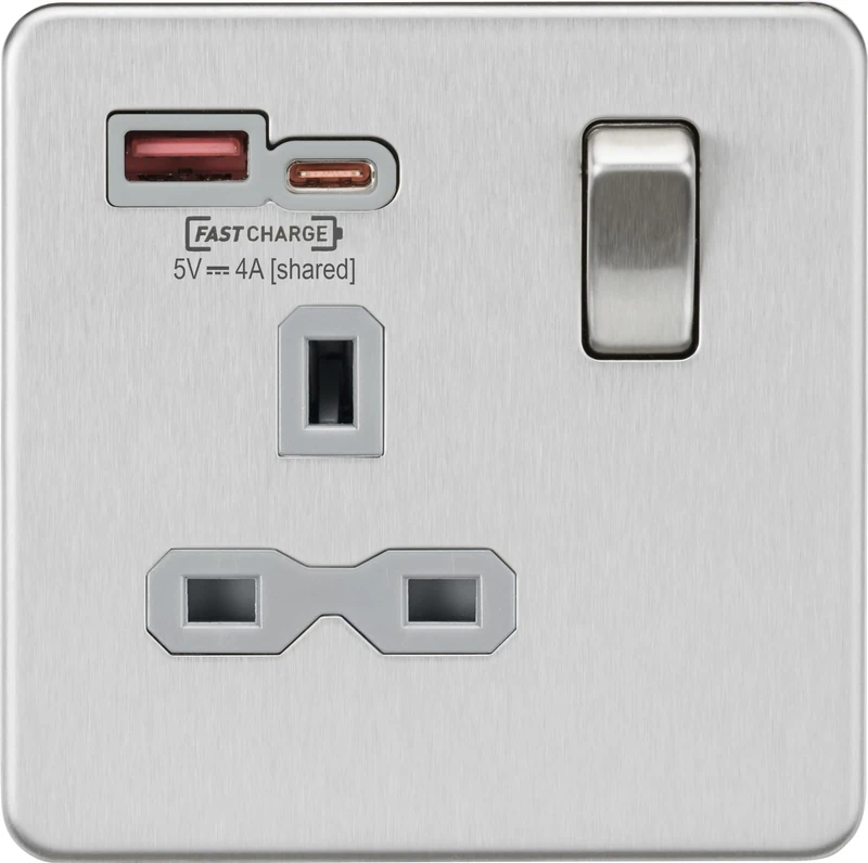 13A 1G SP Switched Socket with Dual USB A+C 12V DC 1.5A [Max. 18W] - Brushed Chrome with Grey Insert