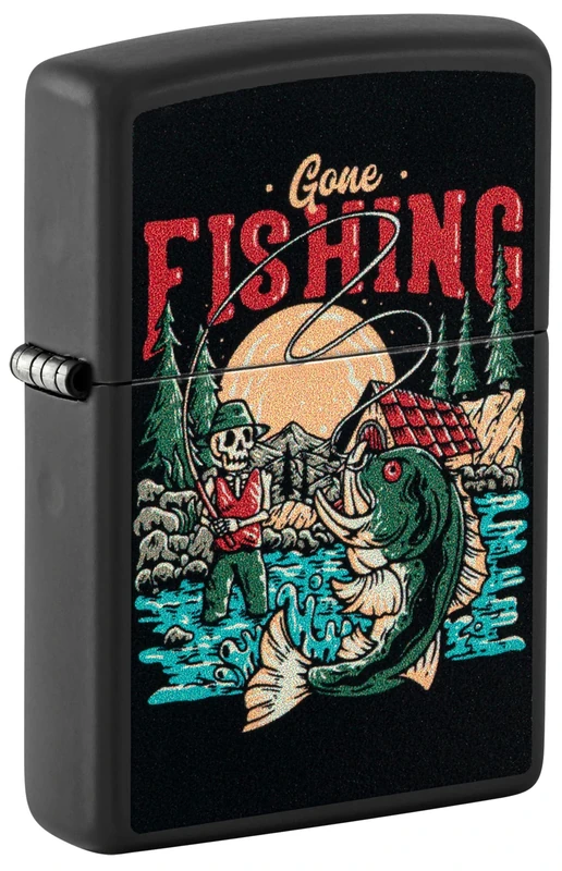 Zippo Windproof Lighter - Model Gone Fishing - Black Matte Finish with Colour Image - Refillable - Reusable - Windproof Design - Gift Box - Made in USA