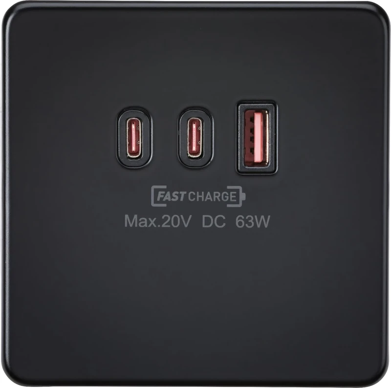 Knightsbridge 230V Triple USB Charger Plate 2xUSB-C 1xUSB-A [20V DC Max. 63W] - Matt Black