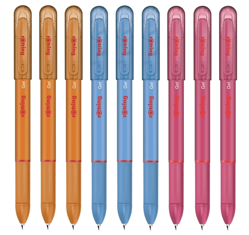 rOtring Gel Rollerball Pens - Medium Point 0.7mm - Rubber Grip - Pack of 9 - Light Blue, Orange, Pink Ink - Smooth Quick Drying Gel Ink