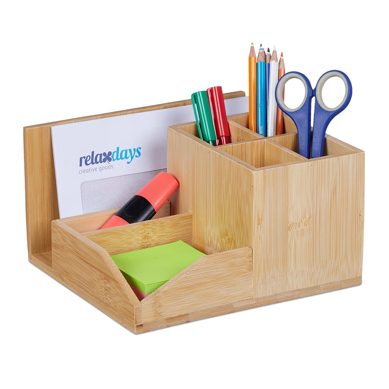 Relaxdays Desk Organiser, 7 Compartments, Pen & Document Holder, Utensil Box, HxWxD: 11 x 21 x 19 cm, Bamboo, Natural
