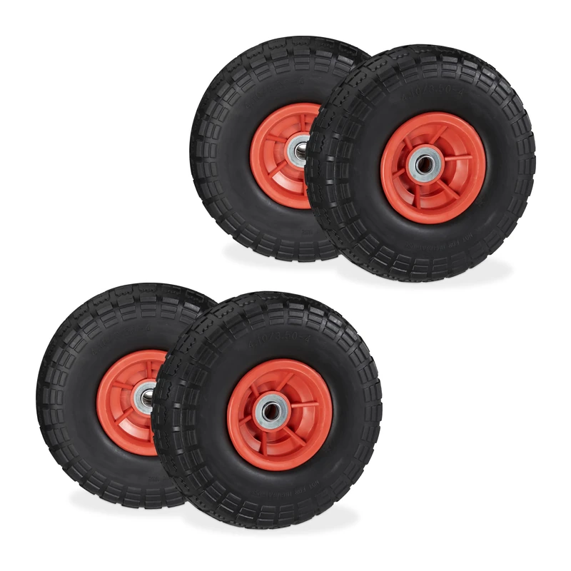 Relaxdays Wheelbarrow Tyres, Set of 4, Puncture-Proof Rubber, 4.1/3.5-4", up to 150 kg, 260x85 mm, Spare Wheel, Red, 26 x 26 x 8.5 cm