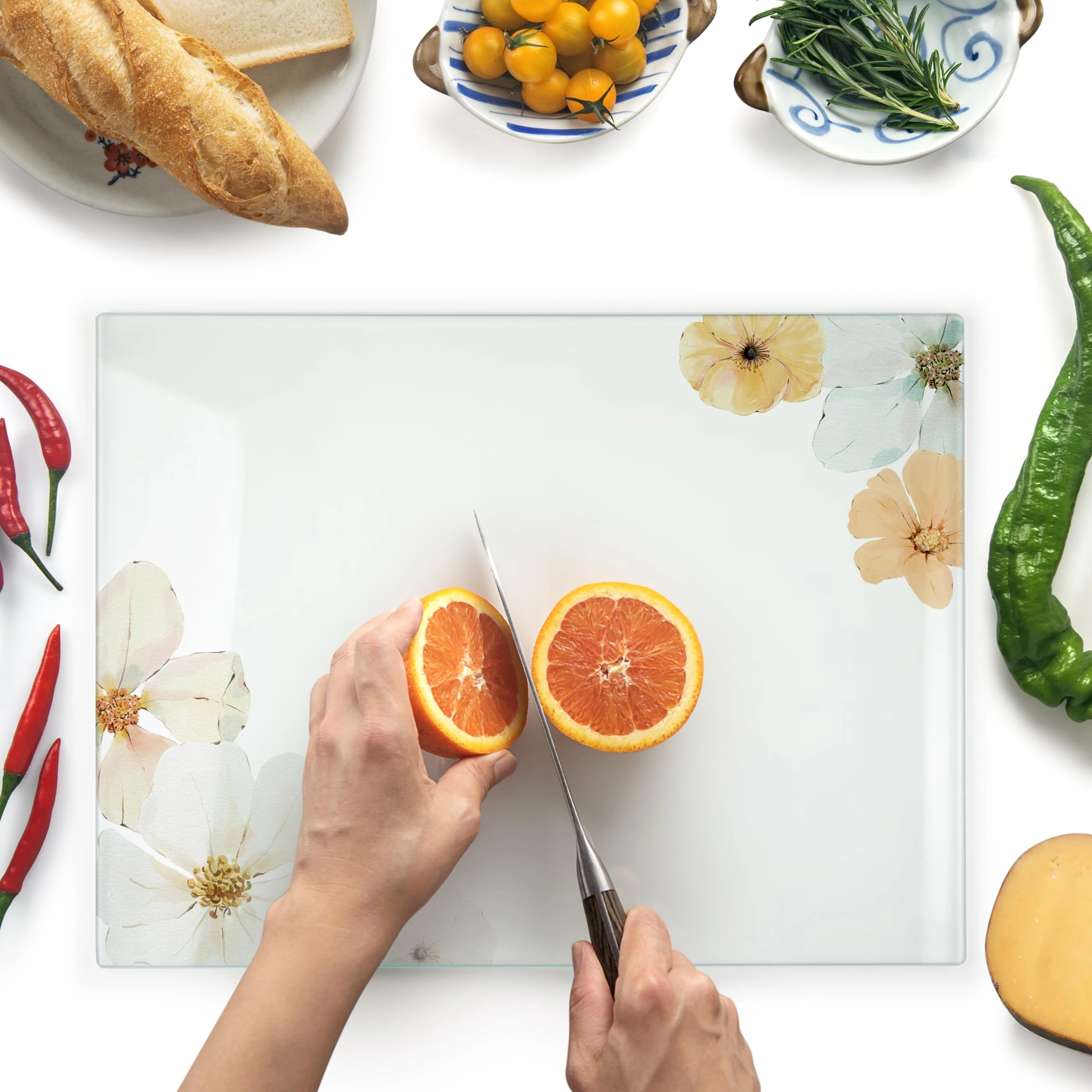 Kitchenville Glass Chopping Board 40x30cm : Tempered Glass Worktop Savers for Kitchens, Durable, Scratch-Resistant, Heat-Proof - Floral Design