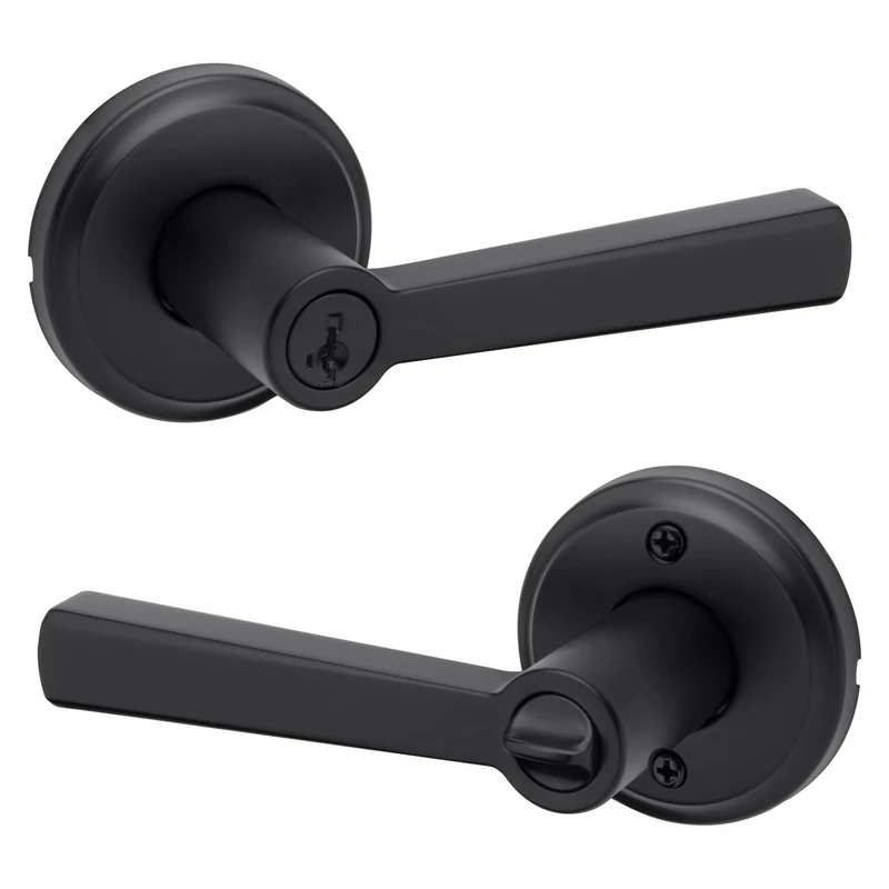 Kwikset Trafford Entry Door Handle with Lock and Key, Secure Keyed Reversible Lever Exterior, for Front Entrance and Bedrooms, Matte Black, Pick Resistant Smartkey Rekey Security and Microban