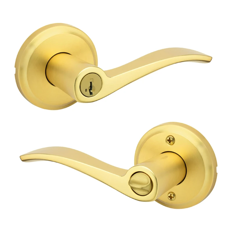 Kwikset Sedona Entry Door Handle with Lock and Key, Secure Keyed Reversible Lever Exterior, for Front Entrance and Bedrooms, Satin Brass, Pick Resistant Smartkey Rekey Security and Microban