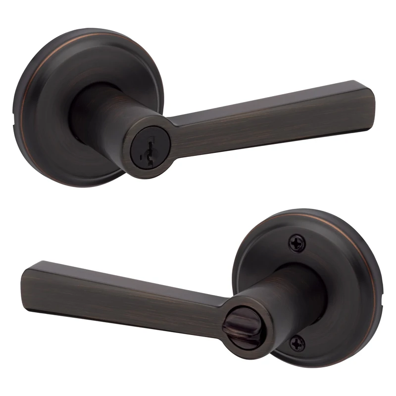 Kwikset Trafford Entry Door Handle with Lock and Key, Secure Keyed Reversible Lever Exterior, for Front Entrance and Bedrooms, Venetian Bronze, Pick Resistant Smartkey Rekey Security and Microban