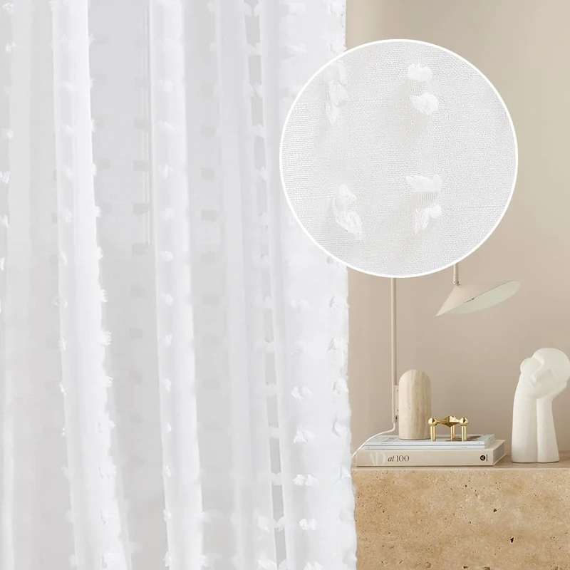 ROOM99 Casablanca Eyelet Curtain 350 x 250 cm Width x Height Living Room Transparent Modern Curtain Scarf Living Room Bedroom White Pompoms 1 Piece - Image 1