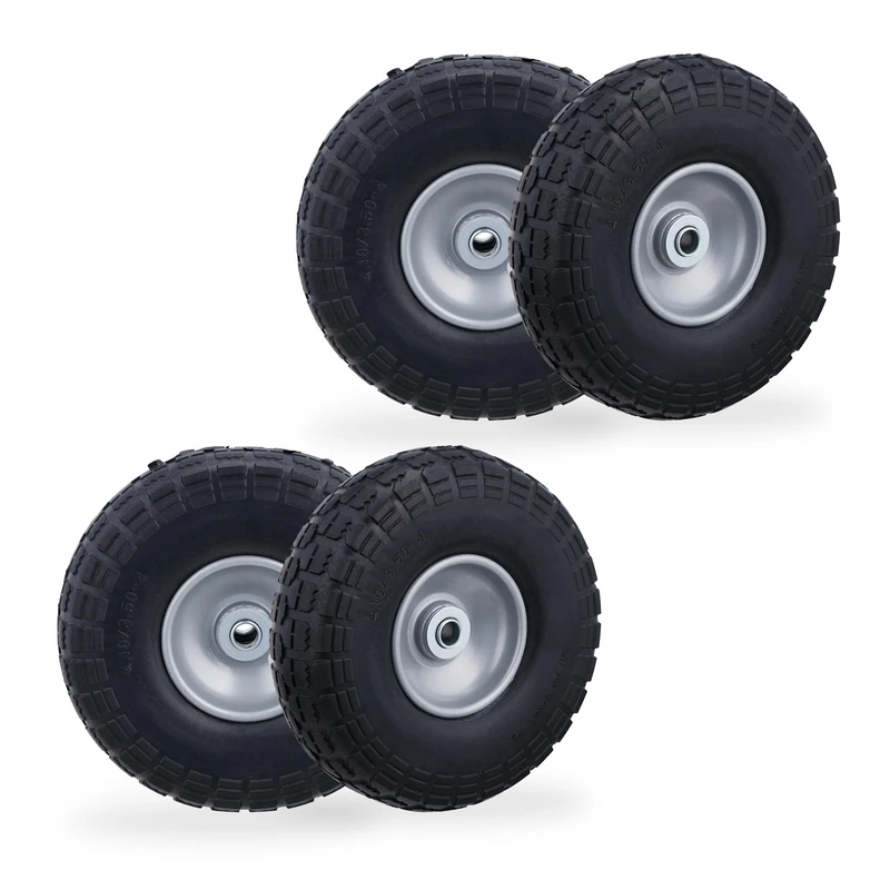 Relaxdays Wheelbarrow Tyres, Set of 4, Puncture-Proof Rubber, 4.1/3.5-4", up to 150kg, 260x85mm, Spare Wheel, Black/Grey, 26 x 26 x 8.5 cm