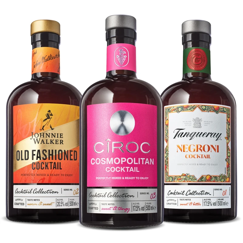 Classic Cocktail Collection 3 x 50cl | New Ready to Serve Premium Cocktails | Tanqueray London Dry Gin Negroni | Ciroc Premium Vodka Cosmo | Johnnie Walker Whisky Old Fashioned | Ready To Drink |