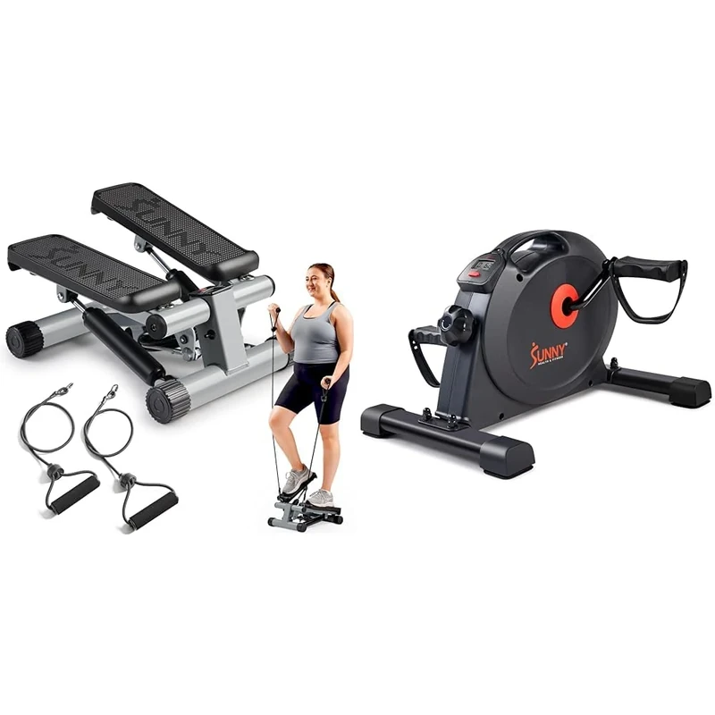 Sunny Health & Fitness Mini Stepper Machine with Resistance Bands, Air Climber Stepping Fitness Machine for Home Workout + Under Desk Dual Function Smart Mini Exerciser Cycle Bikes with SunnyFit App