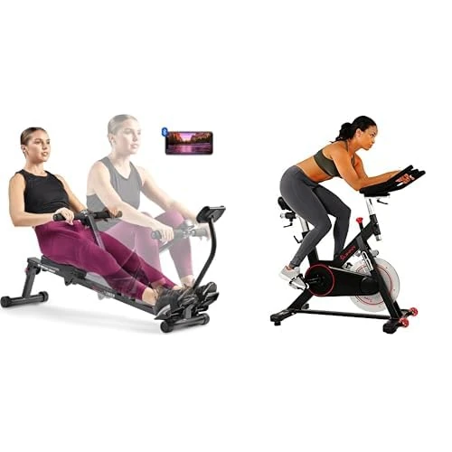 Sunny Health and Fitness Indoor Cycling Wheel W/Magnetic Belt Drive, 136kg Max Weight + Smart Compact Adjustable Rowing Machine, Adjustable Resistance, Complete Body home Workout