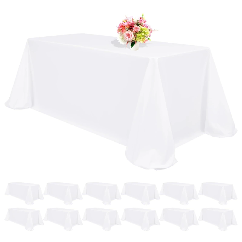 12 Pack White Tablecloths for 8ft Rectangle Tables 90 x 156 Inch - Polyester Table Cover Stain and Wrinkle Resistant Washable Fabric Table Clothes for Wedding Party Banquet Reception Restaurant