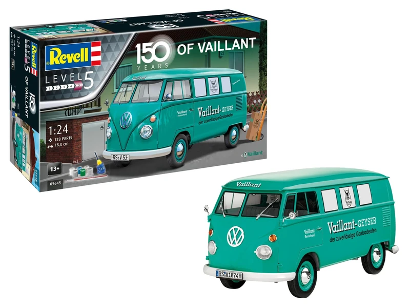 Revell 05648 Gift Set VW T1 Bus 150 Years of Vaillant 1:24 Scale Unbuilt/Unpainted Plastic Model Kit With Accessories