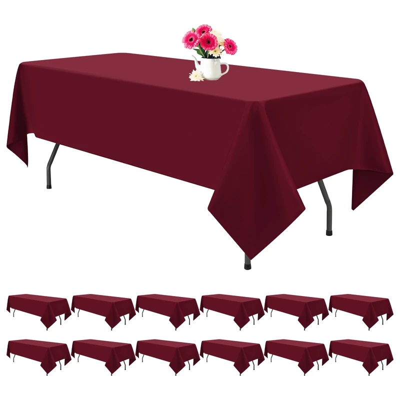 REWOMC 12 Pack Burgundy Tablecloths for Rectangle Tables 60 x 102 Inch Polyester Tablecloth 6 Foot Rectangle Table Cloth Wrinkle Resistant Washable Fabric Table Cover for Party Wedding Banquet Events