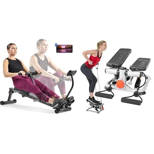 Sunny Health & Fitness Advanced Mini Home Steppers with Resistance Bands - SF-S0978 + Smart Compact Adjustable Rowing Machine, 12 Levels Adjustable Resistance