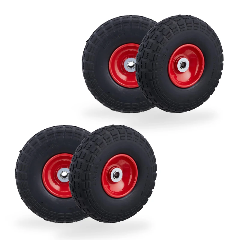Relaxdays Wheelbarrow Tyres, Set of 4, Puncture-Proof Rubber, 4.1/3.5-4", up to 150 kg, 260x85mm, Spare Wheel, Black/Red, 26 x 26 x 8.5 cm