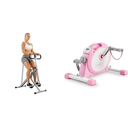 Sunny Health & Fitness Under Desk Smart Mini Pedal Exerciser, Dual Function Exercise Cycle Bike + Squat Assist Upright Row-N-Ride Rowing Machine, Horse Riding Machine Full Body Exercise Indoor