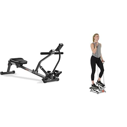 Sunny Health & Fitness Advanced Twist Stepper Machine with Resistance Bands - SF-S0979 + Smart Compact Adjustable Rowing Machine, 12 Levels Adjustable Resistance