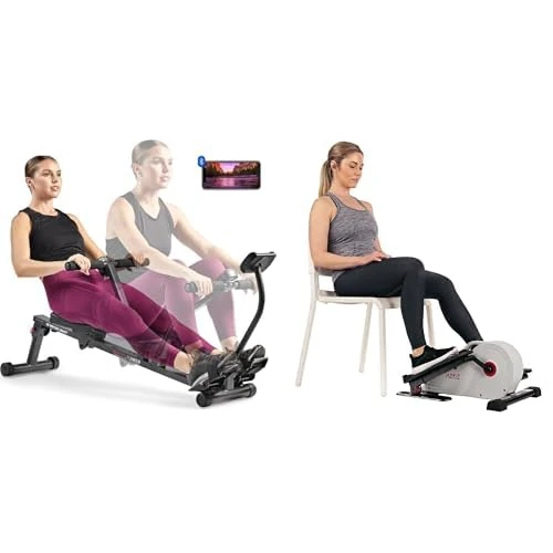 Sunny Health and Fitness Magnetic Under Desk Elliptical Peddler, Portable Mini with Resistance + Smart Compact Adjustable Rowing Machine, 12 Levels Adjustable Resistance, Complete Body Workout