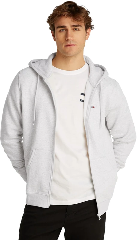 Tommy Jeans Men’s Flag Fleece Zip Through Hoodie, Grey (Silver Grey Heather), 3XL
