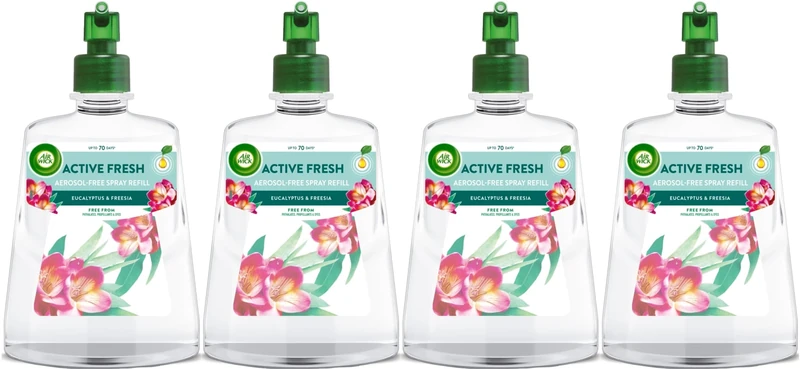 Air Wick Aerosol-Free Automatic Air Freshener Spray Refill, Eucalyptus & Freesia, Pack 4 x 228ml, 24x7 Active Fresh Odour Neutraliser, Lasts Up to 280 Days, Air freshener For Home