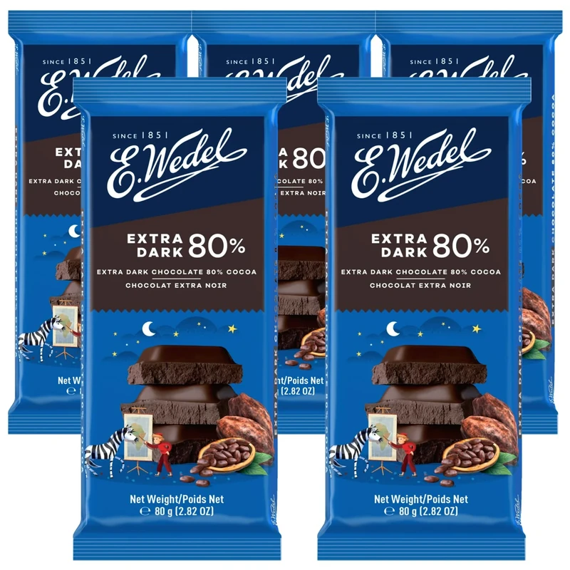 E.Wedel Chocolate Bars Extra Dark Chocolate 80%, 80g, Made in Poland, Dark ChocolateBars Multipack, Cocoa from Ghana (Pack of 5, Cocoa 80%)