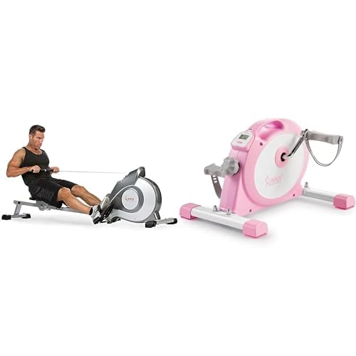 Sunny Health & Fitness Under Desk Smart Mini Pedal Exerciser, Dual Function Exercise Cycle Bike + Magnetic Rowing Machine, Folding Rower W/ LCD Monitor and 8 Level Resistance