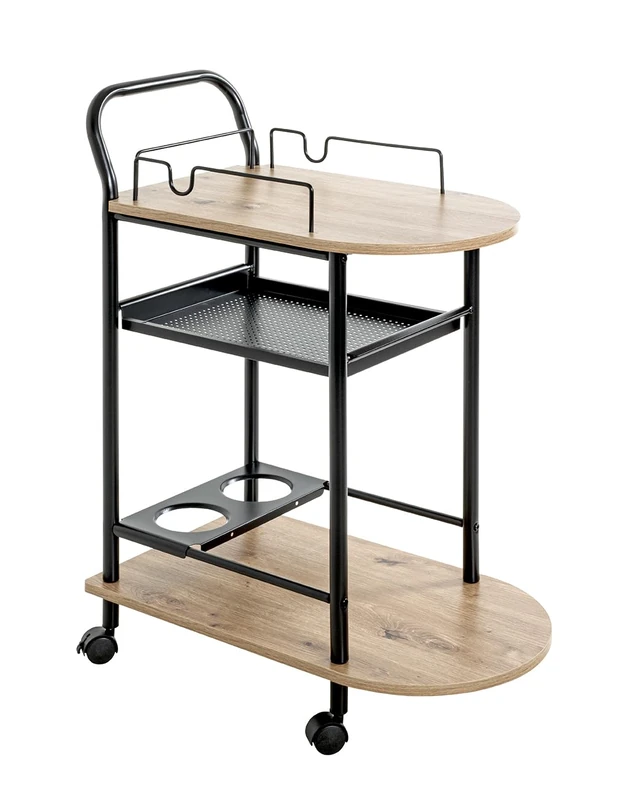 HAKU Möbel Kitchen Trolley Oak, Black, Mdf, Metal - Size: W 65 cm X H 83 cm X D 35 cm, Style: Modern