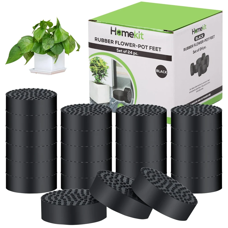 homekit Flower Pot Feet; 24 Pieces; Black; Rubber – Non-Slip Invisible Risers for Gardening Plants Indoor and Outdoor