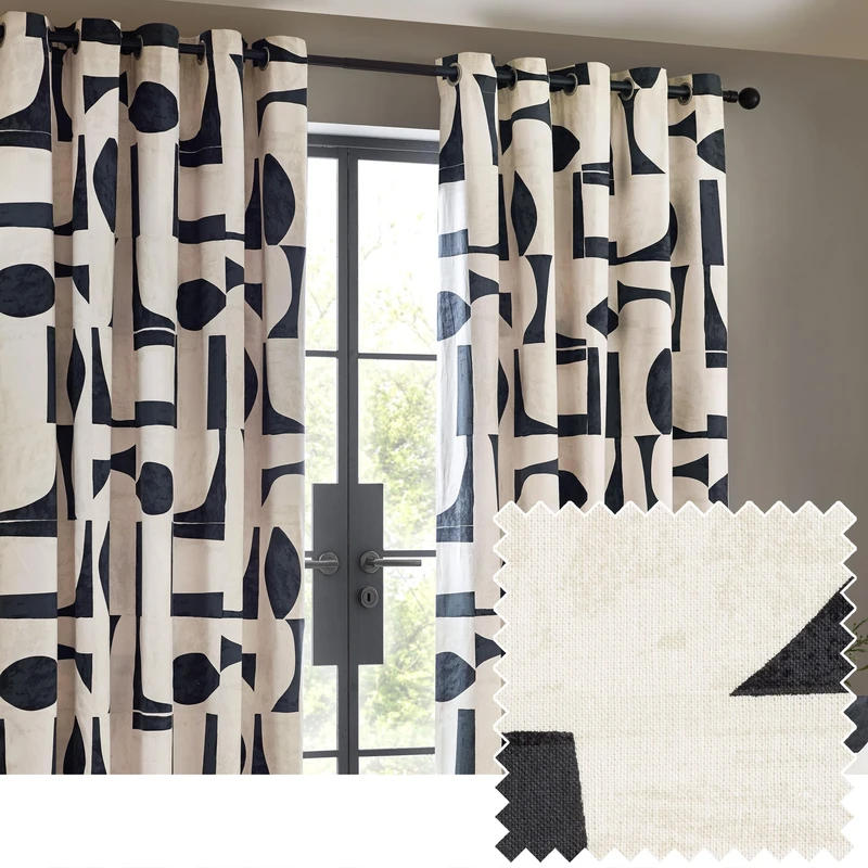 furn. Hoem Carro Abstract 100% Cotton Lined Curtains – Dusk (Pair – 229cm Width x 183cm Drop)