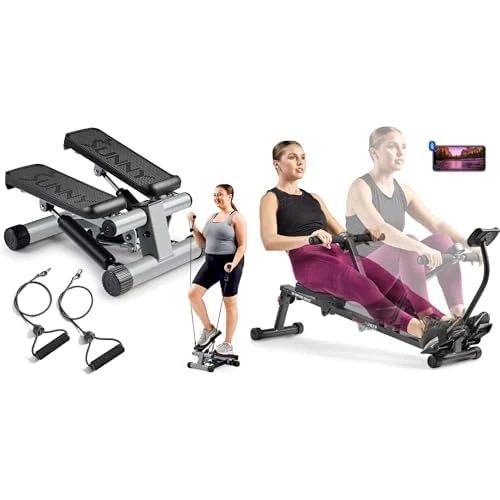 Sunny Health & Fitness Mini Stepper Machine with Resistance Bands, Air Climber Stepping Fitness Machine for Home Workout+ Smart Compact Adjustable Rowing Machine Connect via Bluetooth w/ SunnyFit App