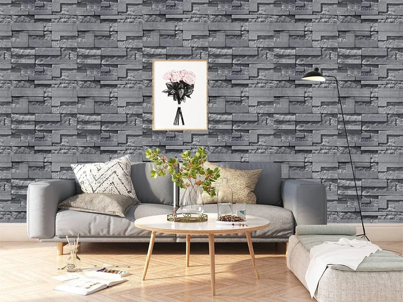 BUVU Vinyl Wallpaper 0.53 x 10 m Washable Wallpaper with Grey Masonry Motifs