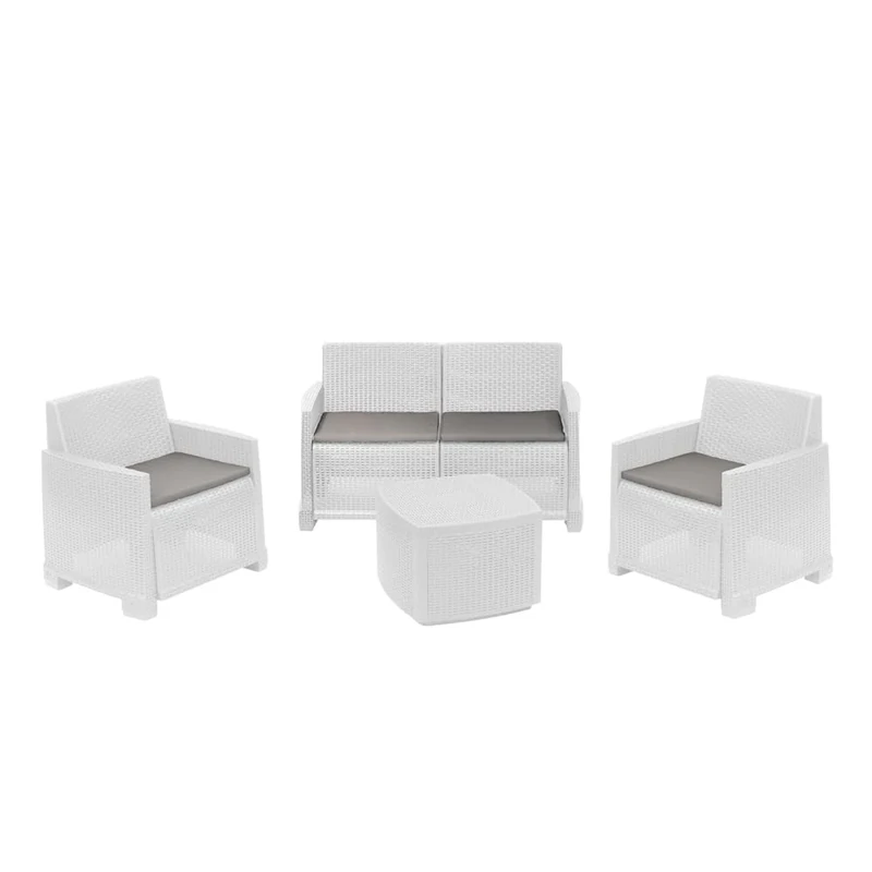 Dmora - Outdoor lounge set Peschici, Garden set with 2 armchairs, 1 sofa and 1 storage table, Rattan effect with cushions, 100% Made in Italy, White