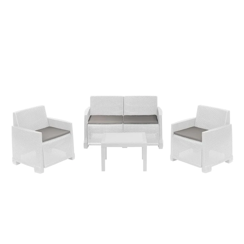 Dmora - Outdoor lounge set Vieste, Garden set with 2 armchairs, 1 sofa and 1 coffee table, Rattan effect with cushions, 100% Made in Italy, White