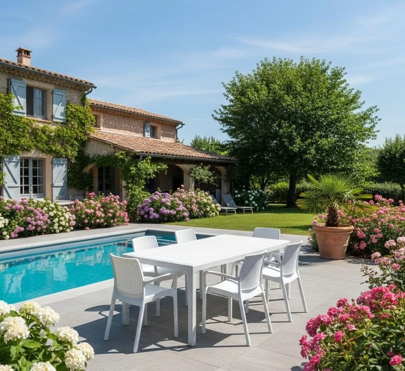 Dmora - Outdoor lounge set Manarola, extendable outdoor Table with 4 chairs, rattan effect garden table and seats, 100% Made in Italy, White