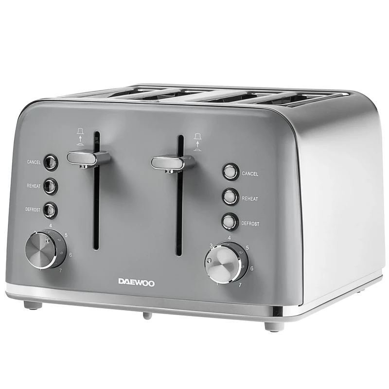 Daewoo Kensington, Toaster 4 Slice, Stainless Steel, Removable Crumb Tray, Defrost, Reheat And Browning Controls, Cancel Function, High Lift Lever, Easy To Clean, Grey