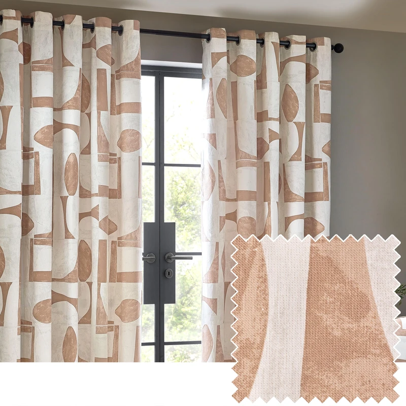 furn. Hoem Carro Abstract 100% Cotton Lined Curtains – Clay (Pair – 168cm Width x 183cm Drop)