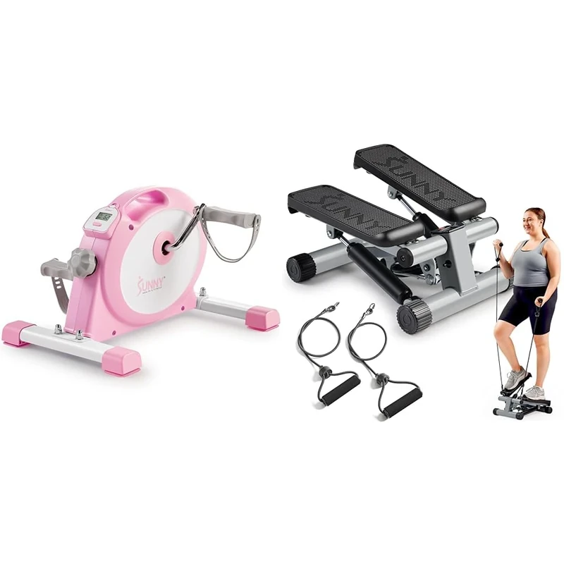 Sunny Health & Fitness Under Desk Smart Mini Pedal Exerciser, Dual Function Exercise Cycle Bike + Mini Stepper Machine, Stair Stepper Exercise Equipment with Resistance Bands and LCD Monitor