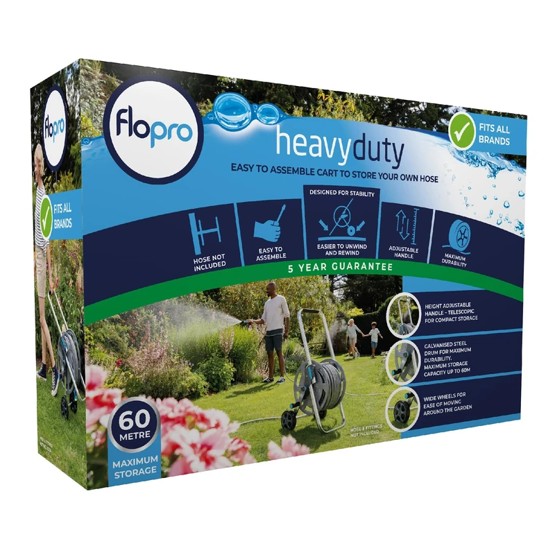 FLOPRO-Heavy Duty Metal Hose cart Without Hose: Strong Frame for Stability, Adjustable Handle & Wide Wheels. Easy Flat Pack Assembly. Store up to 60m ø 12,5mm (1/2") Hose Pipe. Fits All Brands
