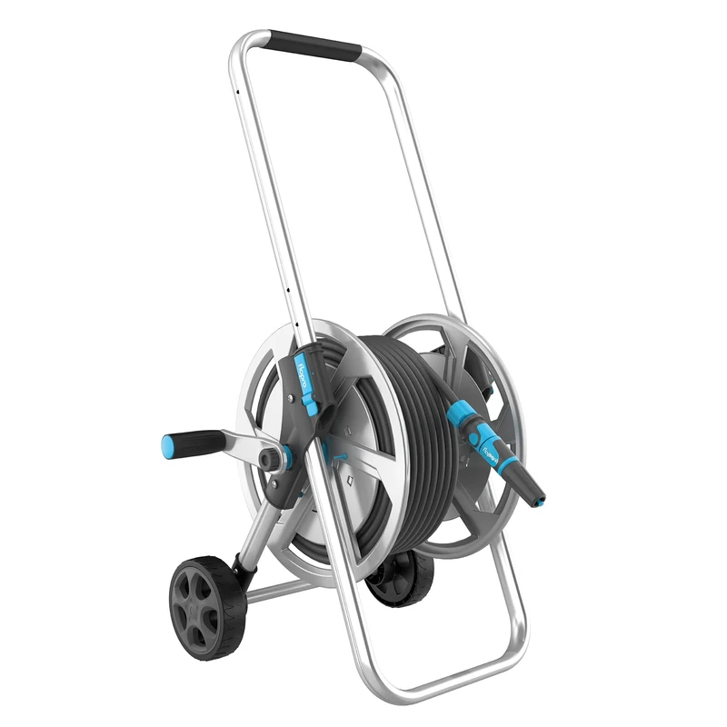 FLOPRO-Heavy Duty Metal Hose cart on Wheels 25m: Strong Frame for Stability, Adjustable Handle & Wide Wheels. Complete with SUPERGRIP Hose connectors & Nozzle. Fits All Brands. 3 Year Guarantee