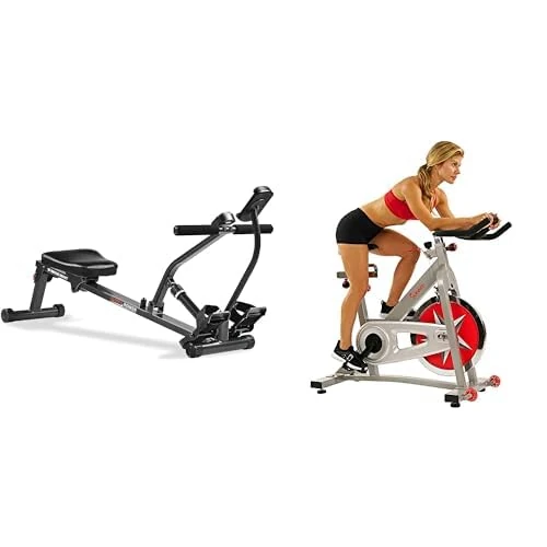 Sunny Health and Fitness Indoor Studio Cycle Pro Exercise Bike with 18 KG Flywheel + Smart Compact Adjustable Rowing Machine, Adjustable Resistance, Complete Body home Workout