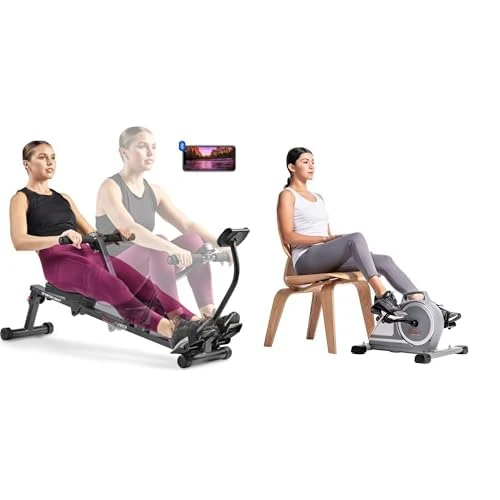 Sunny Health & Fitness Magnetic Under Desk Mini Exercise Cycle Bike, Dual Function Pedal Exerciser + Smart Compact Adjustable Rowing Machine, Adjustable Resistance, Complete Body home Workout